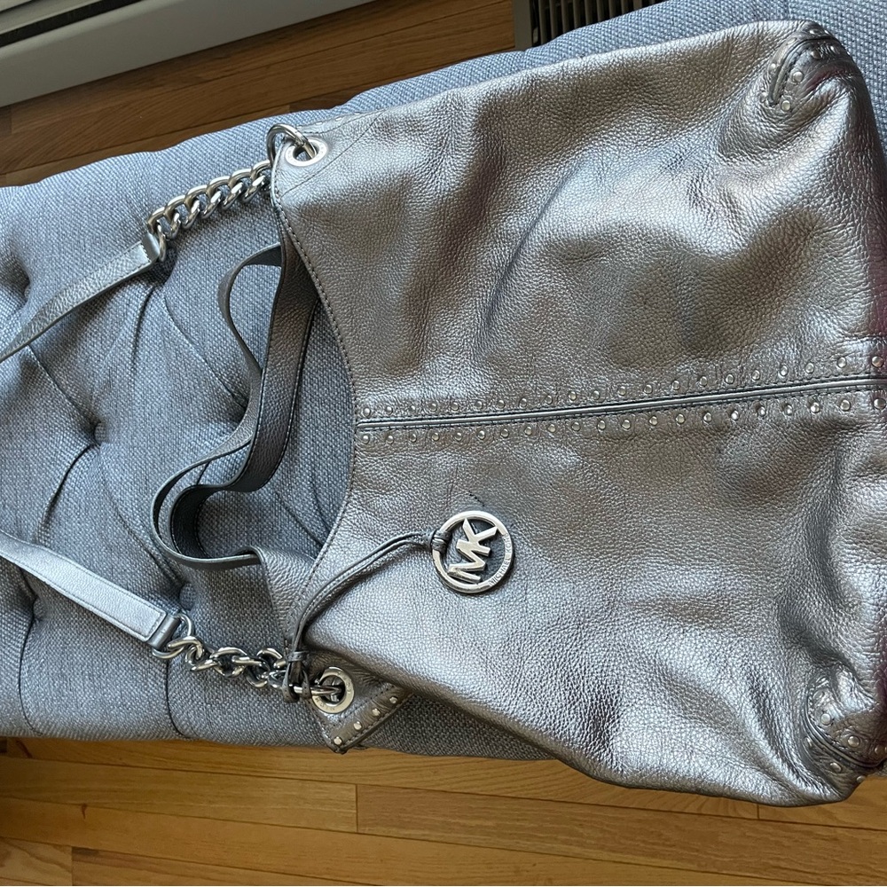 Metallic Silver Women's Michael Kors Shoulder Bag with Studding